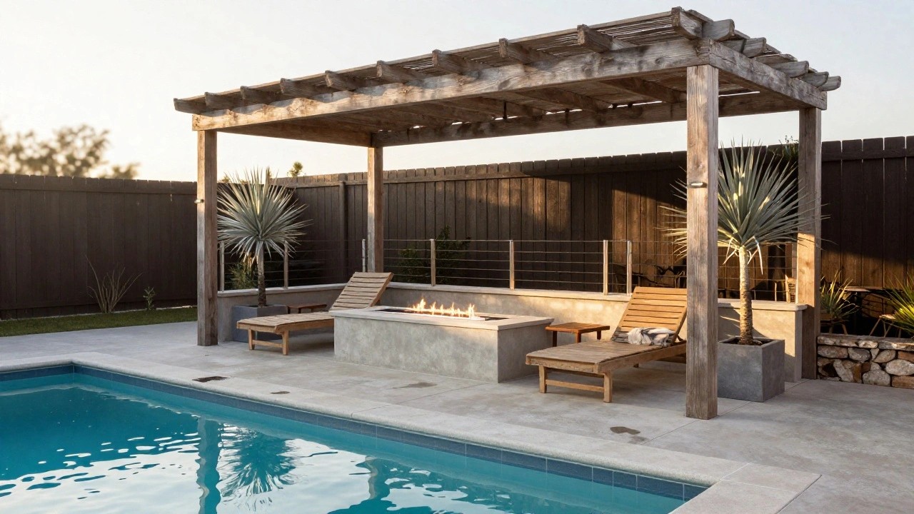 Backyard pool with wooden pergola overhead draped in white fabric shading two lounge chairs, ottomans, and a square fire pit table on a stone deck, surrounded by potted agave plants, rocks, cable railing, wooden fence, and palm trees at sunset.