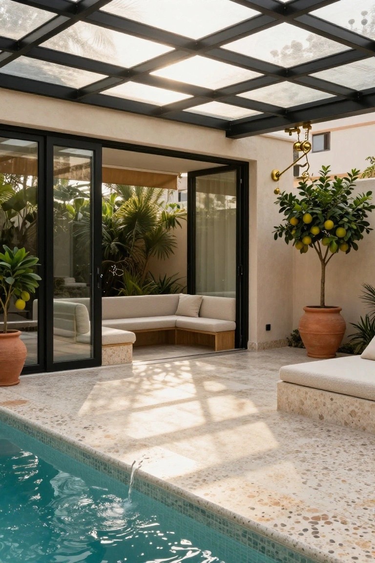 19 Strong Pool Shade Structure Ideas That Feel Built to Last Poolside terrace under a black metal-framed glass pergola with beige stone built-in bench seating, potted lemon trees in terracotta pots, open black-framed sliding doors revealing indoor palms, and turquoise pool water along the edge.