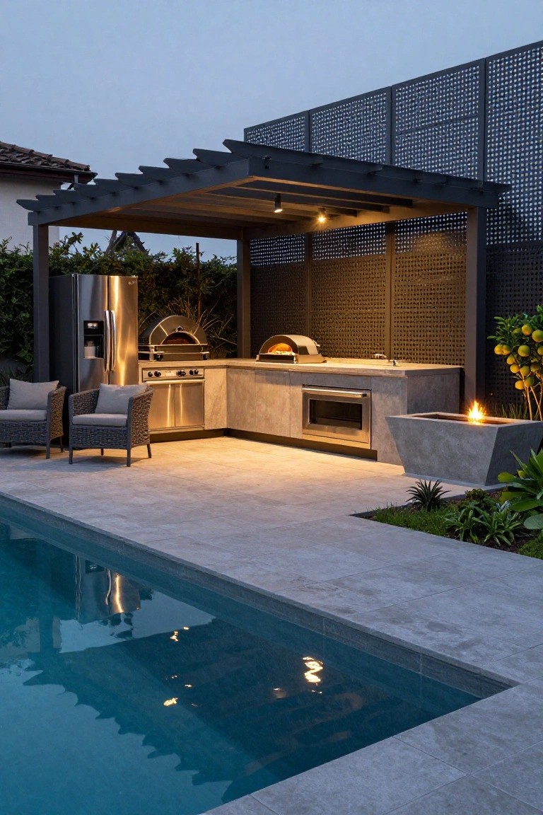 19 Strong Pool Shade Structure Ideas That Feel Built to Last Outdoor kitchen with stainless steel fridge, grill, pizza oven, and oven under a black slatted pergola with tall perforated metal screens next to a rectangular pool, plus wicker chairs, fire bowl, and plants.