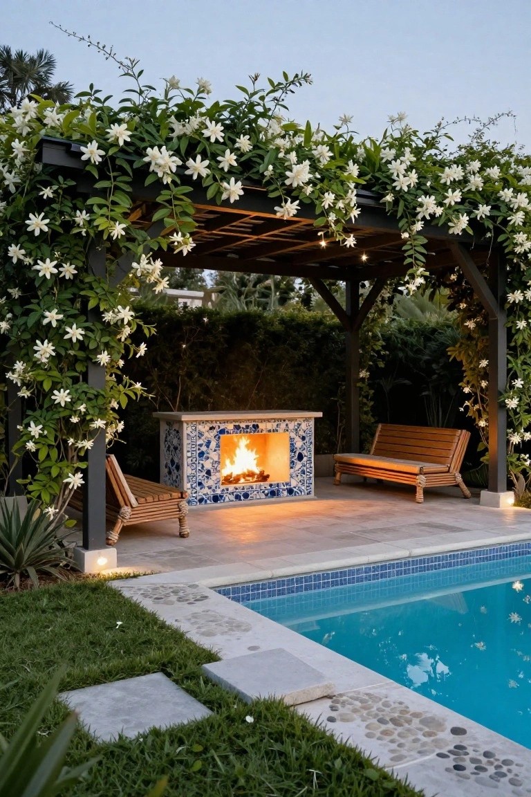 19 Strong Pool Shade Structure Ideas That Feel Built to Last Wooden pergola draped in white flowering vines shading a blue-tiled outdoor fire pit and wooden benches next to a turquoise pool with stone and grass edging.