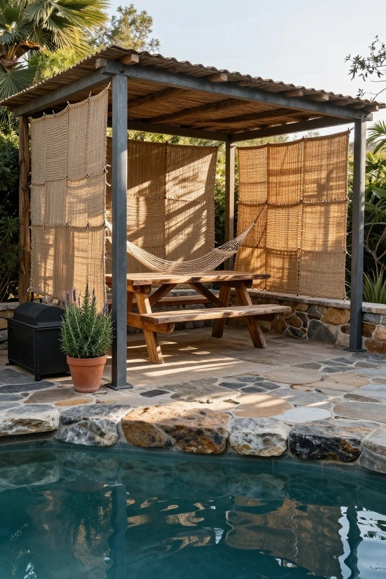 19 Strong Pool Shade Structure Ideas That Feel Built to Last Rustic outdoor pergola with metal frame, reed screens, thatched roof, hammock, wooden picnic table, potted rosemary plant, and black barbecue grill on stone patio next to turquoise swimming pool with rock edging.