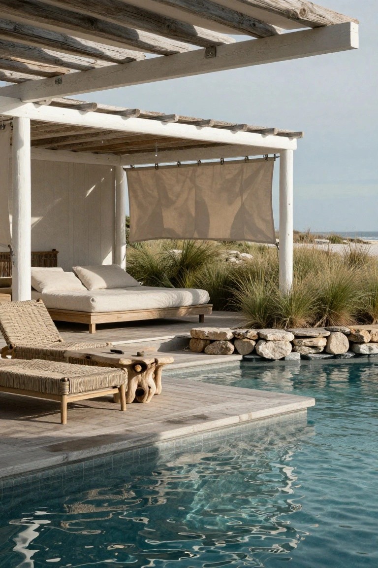 19 Strong Pool Shade Structure Ideas That Feel Built to Last White pergola with weathered wooden beams and cross rafters shading a poolside deck area that includes a daybed, woven loungers, stone edging, dune grasses, and a turquoise pool near the beach.