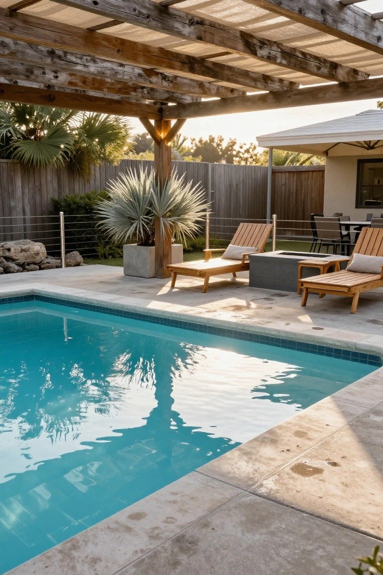 19 Strong Pool Shade Structure Ideas That Feel Built to Last Backyard pool with wooden pergola overhead draped in white fabric shading two lounge chairs, ottomans, and a square fire pit table on a stone deck, surrounded by potted agave plants, rocks, cable railing, wooden fence, and palm trees at sunset.