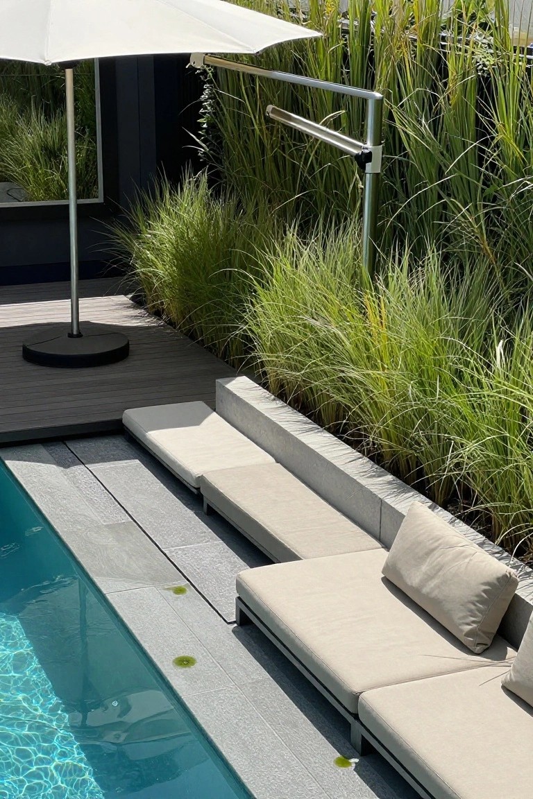 19 Strong Pool Shade Structure Ideas That Feel Built to Last Poolside view showing a white umbrella on a black base shading beige modular sofas next to a blue pool, with tall green grasses along the edge and gray stone decking.