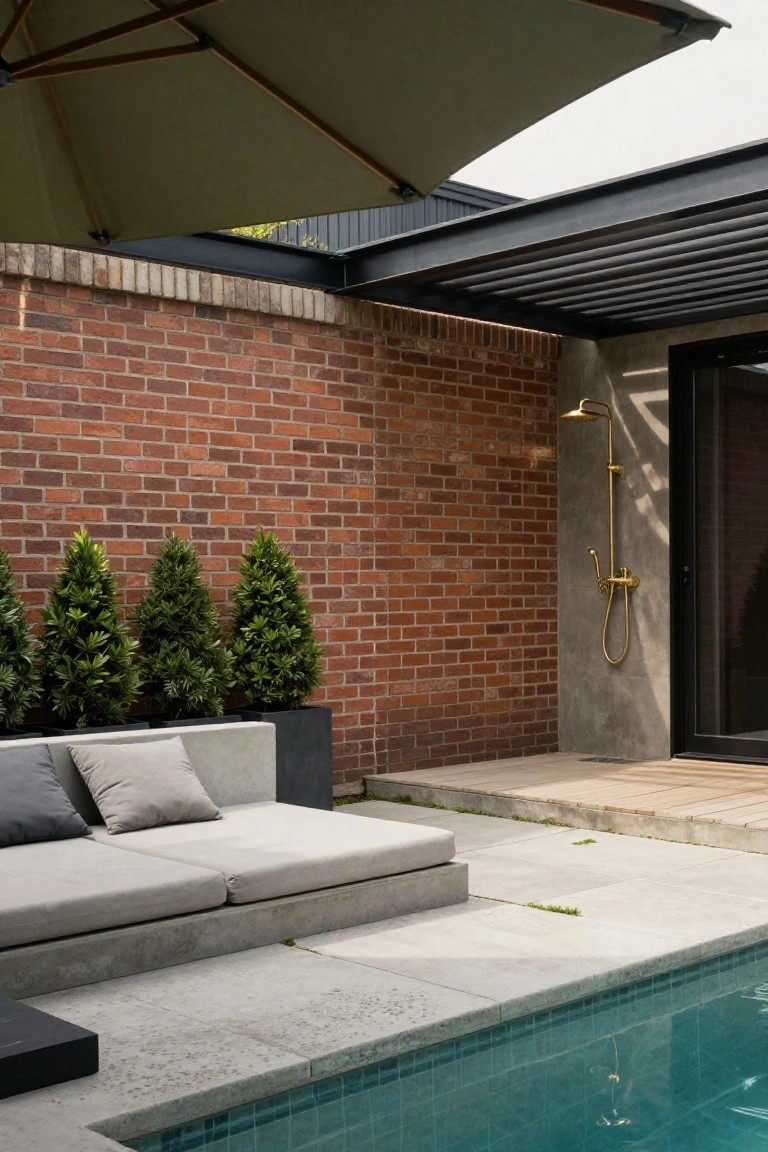 19 Strong Pool Shade Structure Ideas That Feel Built to Last Backyard pool area with slatted black metal roof overhang, brick wall lined with potted conifer trees, gold outdoor shower on concrete wall, low concrete lounge seats with gray cushions and pillows, large beige cantilever umbrella, and turquoise tiled pool.