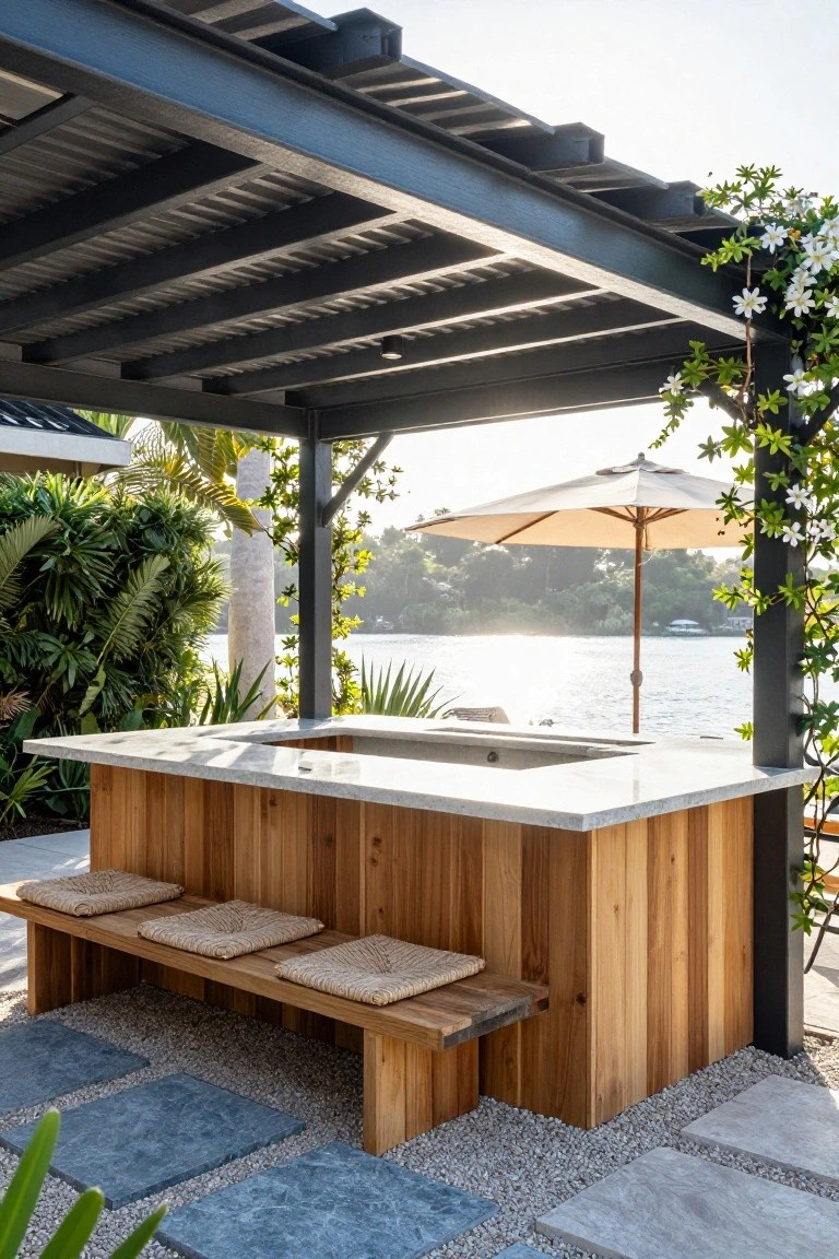 19 Strong Pool Shade Structure Ideas That Feel Built to Last Black metal pergola shading an outdoor kitchen bar with white quartz countertop, sink, wooden base, built-in benches with cushions, tropical plants, umbrella, and view of water body.