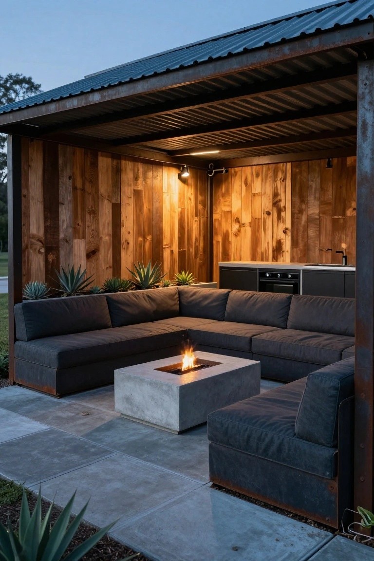 19 Strong Pool Shade Structure Ideas That Feel Built to Last Outdoor pavilion with corrugated metal roof and vertical wood-paneled walls enclosing an L-shaped dark gray sofa around a concrete fire table, built-in black kitchen cabinets, potted agave plants, on gray concrete pavers at dusk.