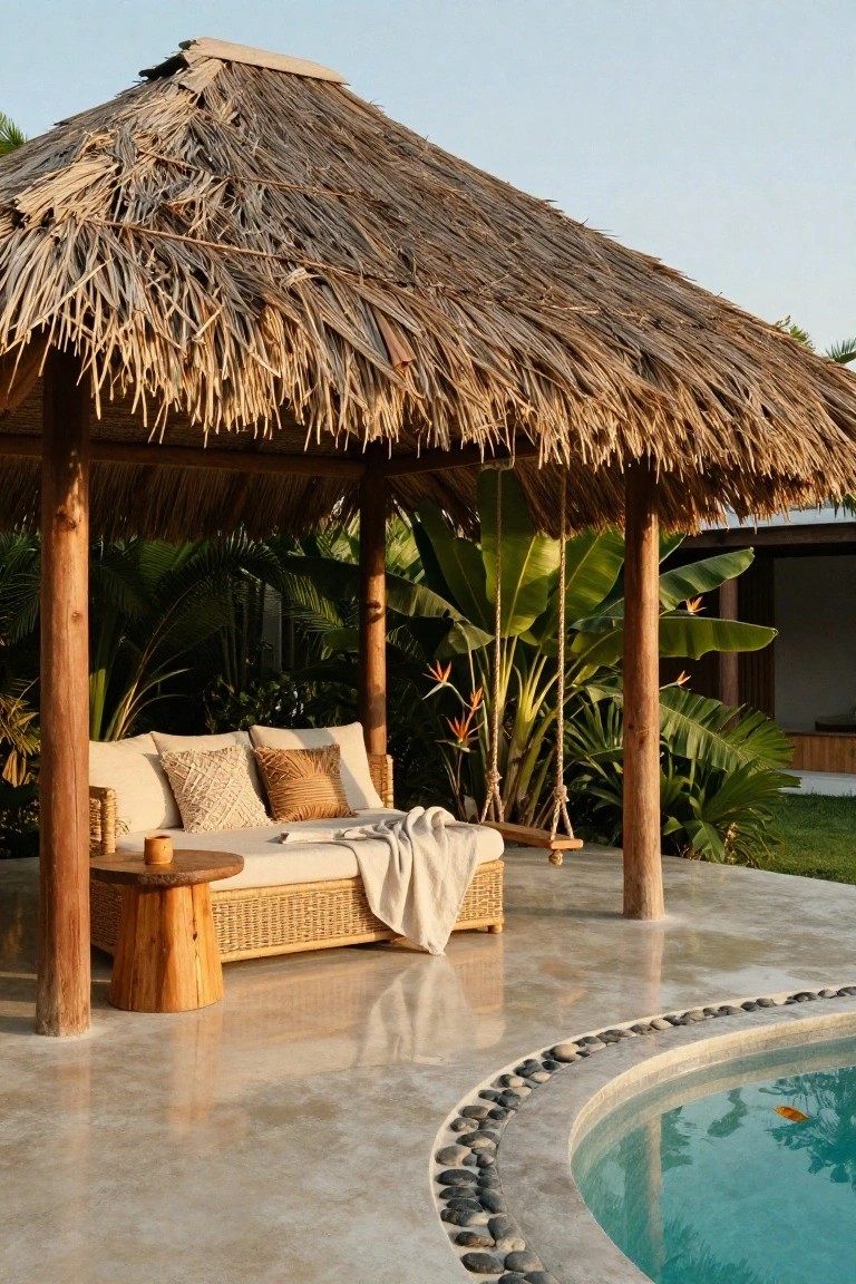 19 Strong Pool Shade Structure Ideas That Feel Built to Last Outdoor pavilion with peaked thatched roof on wooden posts, cushioned daybed with pillows and throw, wooden side table, hanging wooden swing, tropical plants, and turquoise pool with pebble edging.