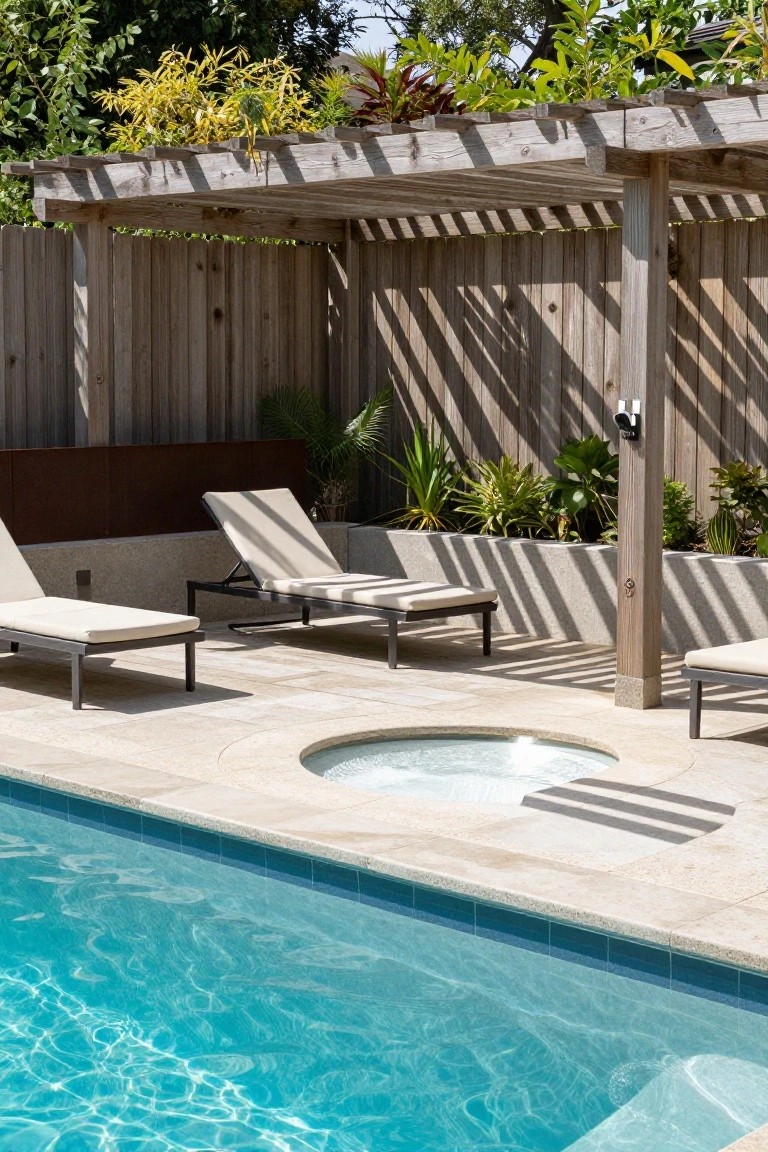 19 Strong Pool Shade Structure Ideas That Feel Built to Last Backyard pool area featuring a wooden pergola with cross beams over two beige loungers and a round bubbling spa on beige stone decking, blue pool in foreground, plants and timber fence around.