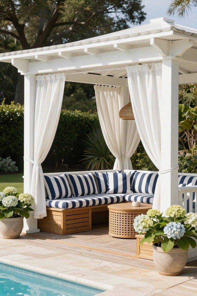 19 Strong Pool Shade Structure Ideas That Feel Built to Last White wooden pergola with sheer curtains sheltering an L-shaped navy and white striped sofa, wooden storage benches, and rattan coffee tables next to an in-ground pool, flanked by potted hydrangeas on a stone deck.