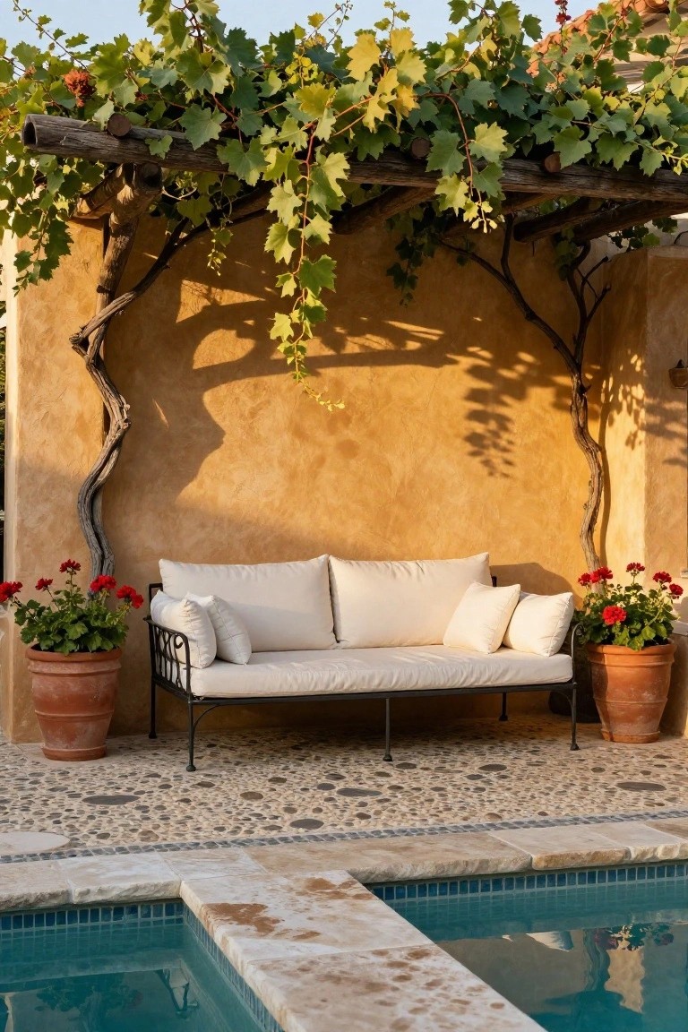 19 Strong Pool Shade Structure Ideas That Feel Built to Last White cushioned daybed on black metal frame under wooden pergola covered in green grapevines by a small pool, flanked by terracotta pots of red geraniums against ochre stucco wall on pebble floor.