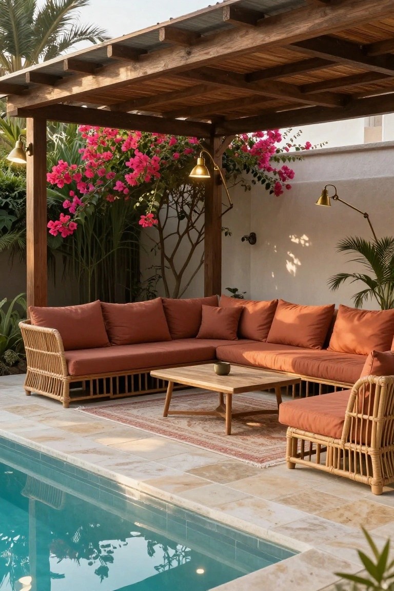 19 Strong Pool Shade Structure Ideas That Feel Built to Last Wooden pergola with slatted roof over rust-colored rattan L-shaped sofa and low wooden table on beige tiled pool deck, pink bougainvillea vines climbing posts, brass hanging lights, white wall backdrop, turquoise pool adjacent.