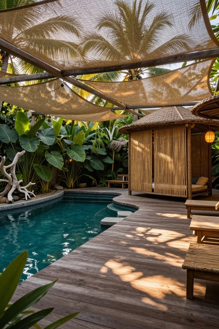 19 Strong Pool Shade Structure Ideas That Feel Built to Last Turquoise pool with curved edge and wooden decking shaded by multiple beige woven fabric canopies on wooden frames, next to a bamboo pavilion with daybed, surrounded by large-leaf tropical plants and palm trees.