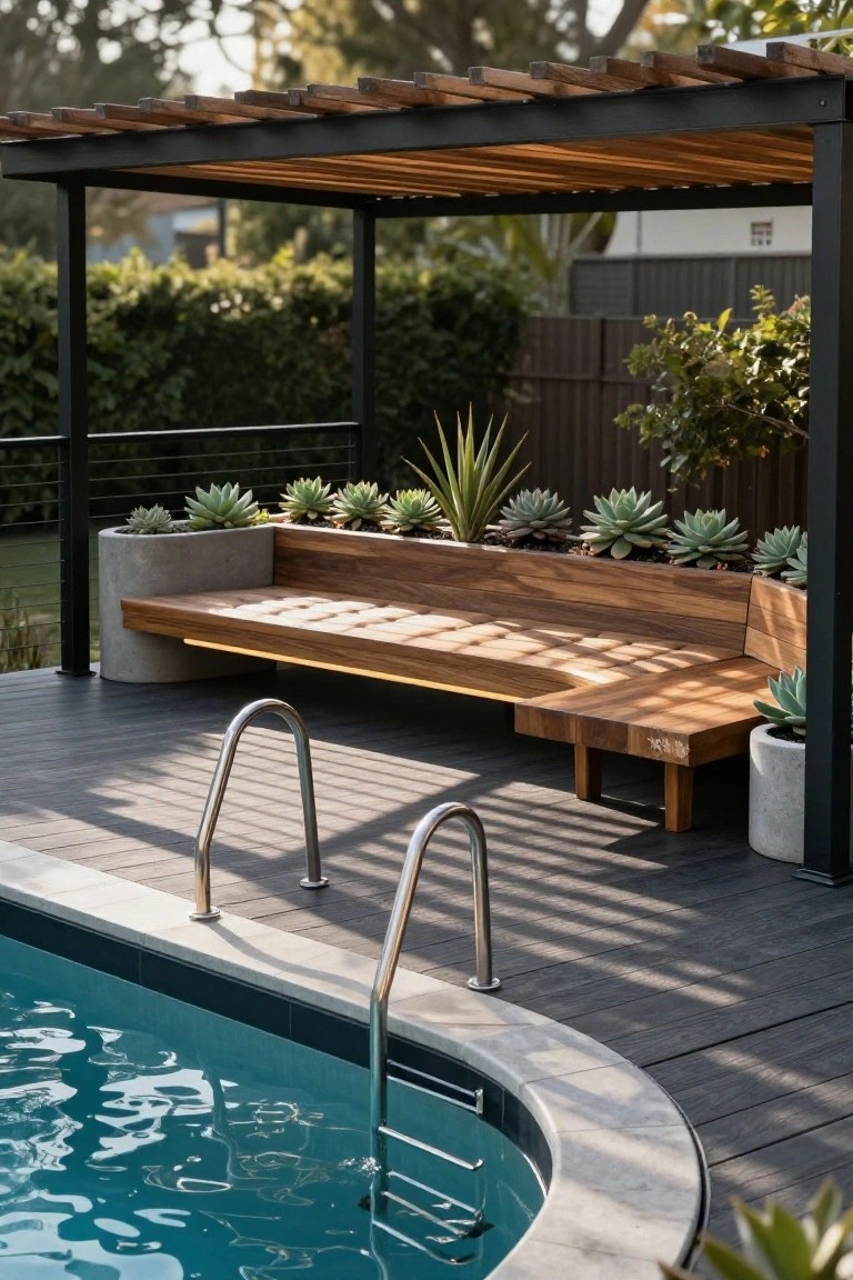 Wooden L-shaped bench with integrated succulent planters on a dark deck next to a curved above-ground pool, under a slatted pergola with black metal frame.