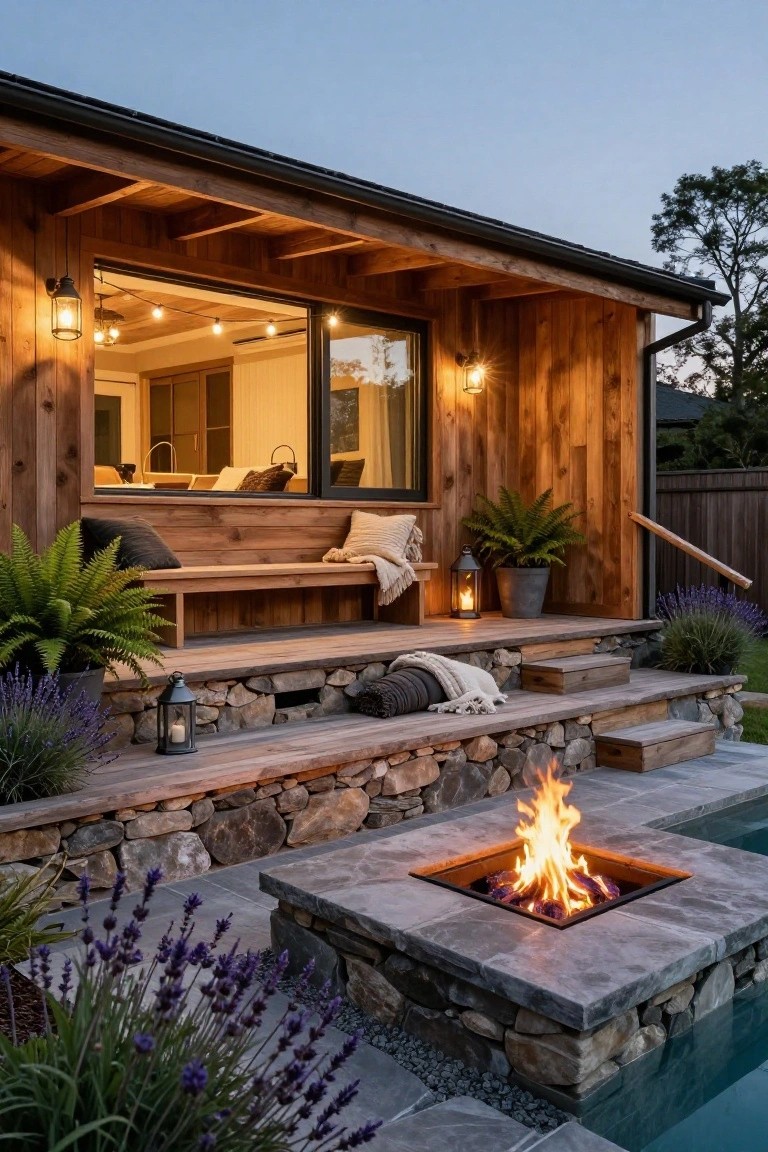 Wooden cabin structure with bench seat and lanterns above stone steps leading to a square built-in fire pit next to an above-ground pool, surrounded by ferns, lavender plants, and gravel in evening light.
