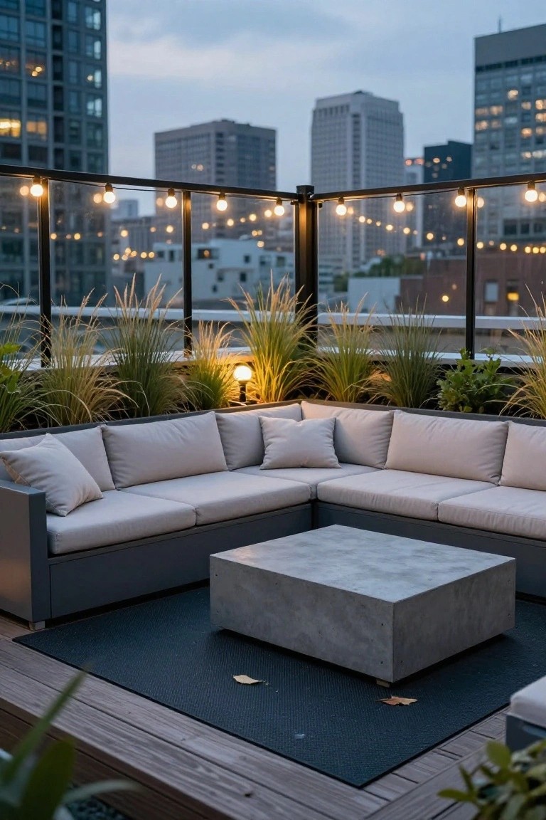 Rooftop terrace with L-shaped light gray outdoor sofa around a square concrete coffee table on a dark rug, tall grasses in planters along glass and black metal railings strung with warm bulb lights, city buildings in background at dusk.