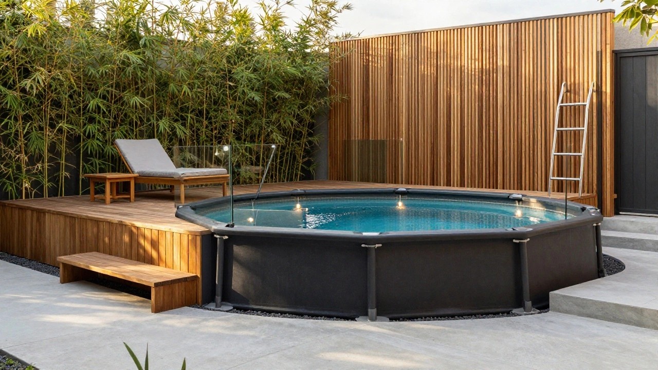 Octagonal black above-ground pool on a wooden deck platform with pebble border, surrounded by bamboo fencing and lounge chairs on a rooftop terrace.