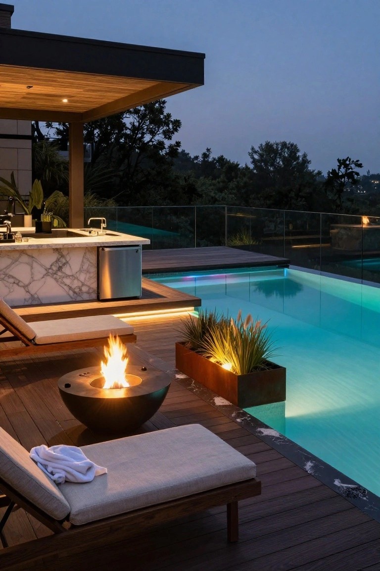 Wooden deck at dusk with a round black fire pit bowl containing flames, a white lounger chair with towel, marble bar counter and stools, lit infinity-edge pool with blue underwater lights, glass railing, plants in metal boxes, and trees in the background.