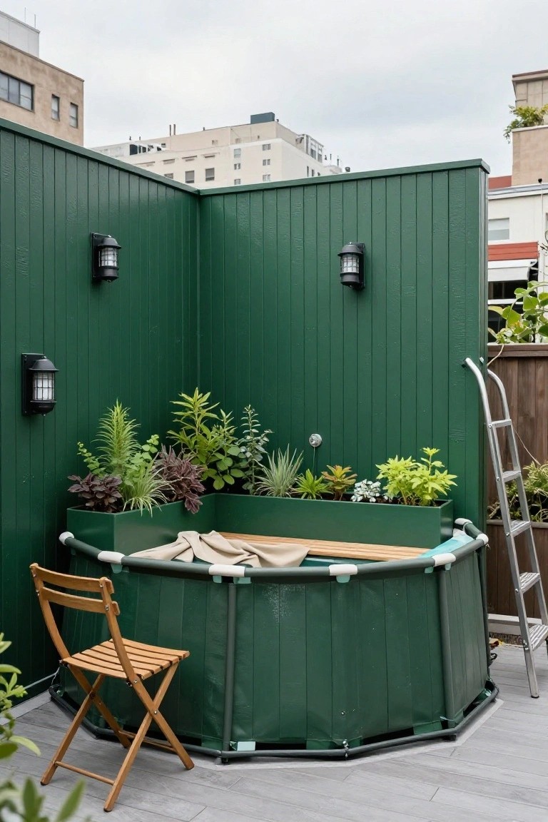 Above-ground pool with green liner on a rooftop terrace enclosed by tall green wooden privacy panels, potted plants along the walls, a wooden ladder, and a folding wooden chair nearby.