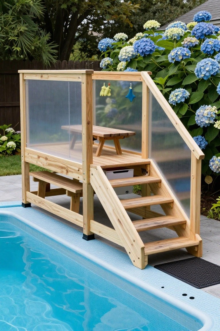 Wooden raised deck platform adjacent to a blue above-ground pool, with stairs, picnic table, benches, clear plexiglass panels, and nearby hydrangea bushes.