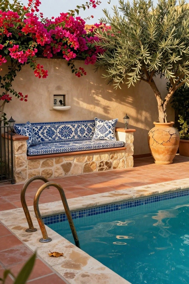 Above-ground pool with blue tiled edge, built-in blue and white tiled bench against beige stucco wall with bougainvillea vines, olive tree, large terracotta pot, and metal ladder.