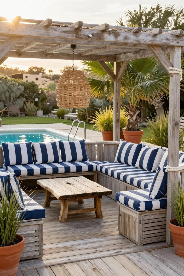 Wooden pergola-covered outdoor lounge area with L-shaped bench seating in blue and white striped cushions, driftwood coffee table, potted plants, and an above-ground pool in the background.