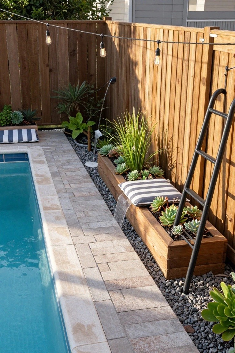 Above-ground pool with blue water and beige travertine-style paver deck along one side, wooden raised planter box filled with succulents, black metal ladder against the pool, pebble ground cover, string lights on wooden fence, and potted plants nearby.