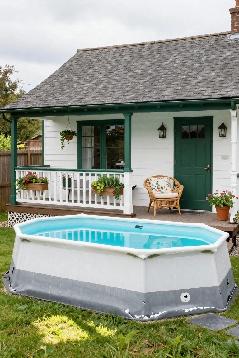 White house with green-trimmed porch and wicker chair on wooden deck adjacent to hexagonal above-ground pool in grassy yard with potted plants and flower boxes.