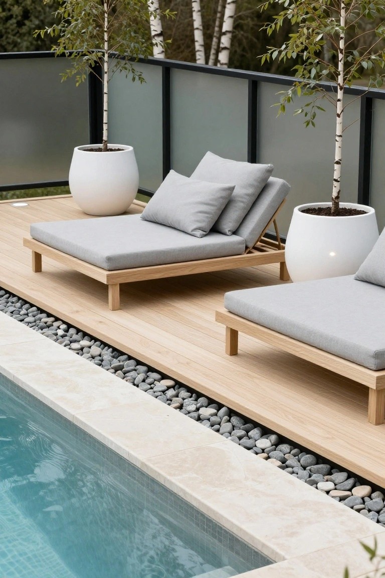 Two low wooden daybeds with gray cushions on a light wood deck next to an above-ground pool with turquoise water, white potted birch trees nearby, pebble edging, and a frosted glass fence in the background.