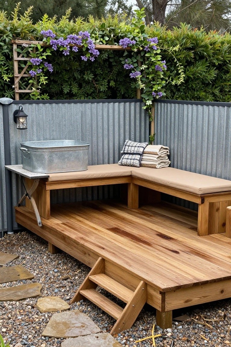Raised wooden deck platform with L-shaped beige-cushioned bench, large galvanized metal tub on a side table, lantern light on corrugated metal fence, purple flowering vine trellis, and gravel ground with stone steps.