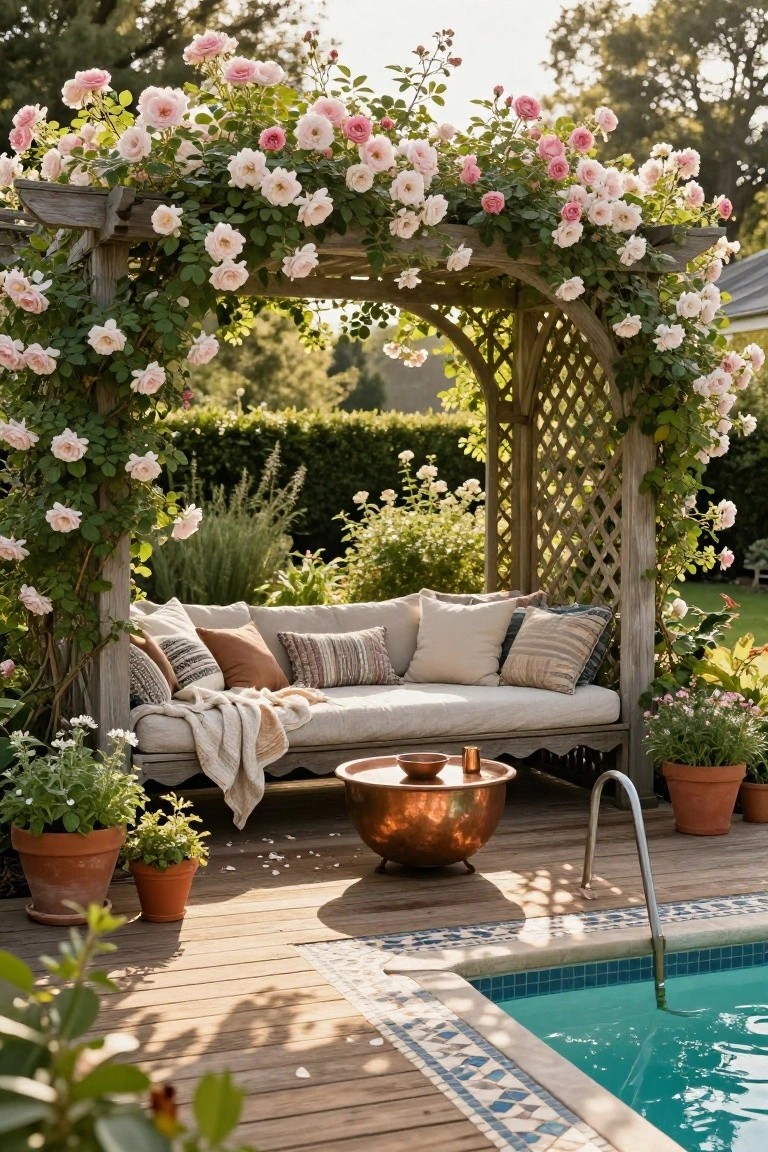 Wooden deck with rose-covered pergola, cushioned sofa, copper table, and pool.