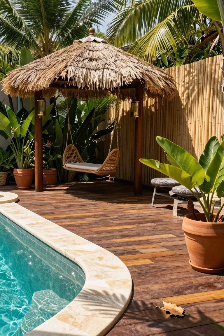 Wooden deck wraps around an above-ground pool with a thatched roof pavilion featuring wooden posts, hanging swing chair, tropical plants, and bamboo fencing.