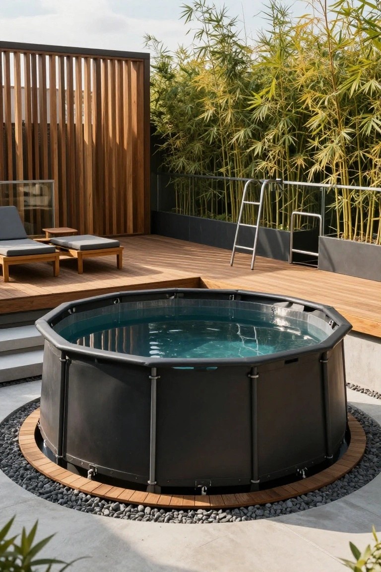 Octagonal black above-ground pool on a wooden deck platform with pebble border, surrounded by bamboo fencing and lounge chairs on a rooftop terrace.