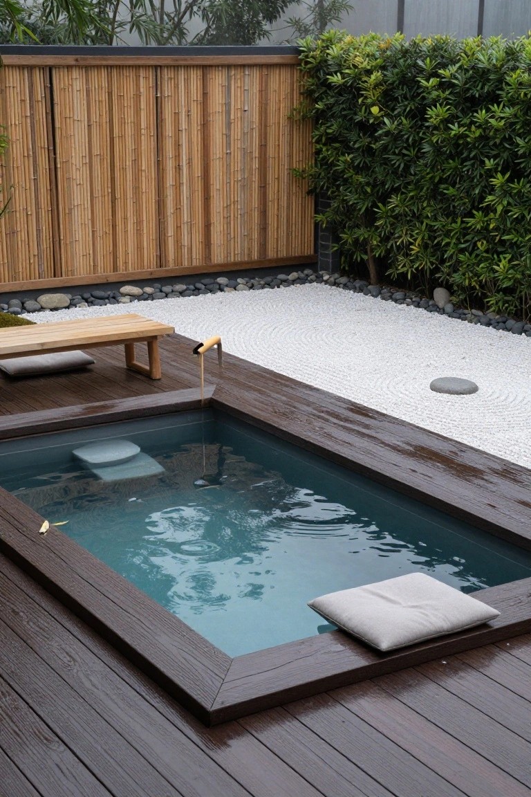 A small rectangular above-ground pool with teal water framed by dark wooden decking, next to a white pebble zen garden with rocks, bamboo fence, and wooden bench in a rainy outdoor setting.