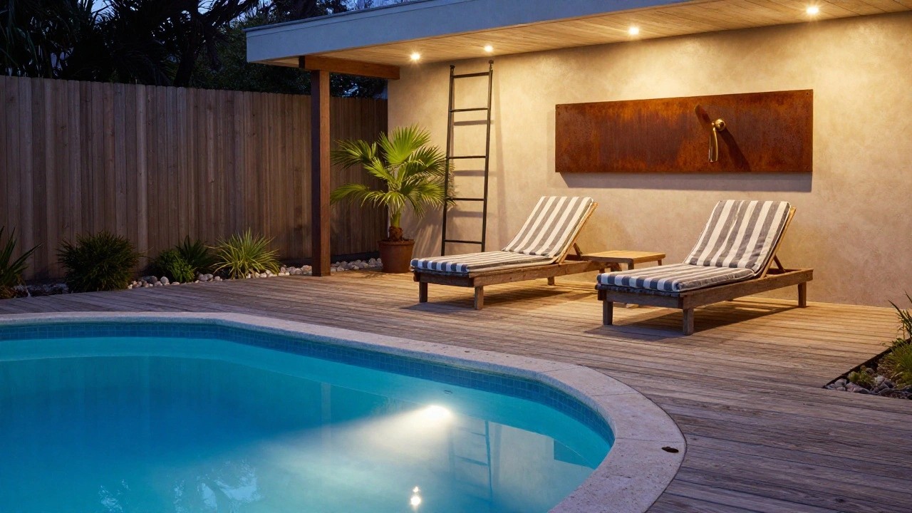 Curved turquoise above-ground pool next to a light wood deck with two striped lounge chairs under a wooden pergola featuring recessed ceiling lights and a wall sconce, surrounded by plants, pebbles, and a stucco wall at dusk.