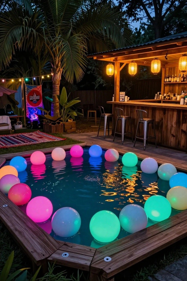 Above-ground pool at night with numerous colorful glowing balloons floating in the water, wooden deck edges, nearby tiki-style bar with hanging lanterns and stools, tropical plants, and string lights in a backyard.