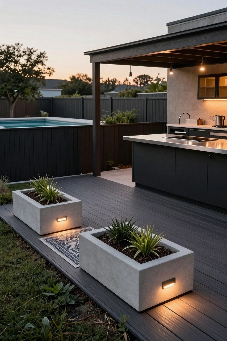 Dusk view of a dark wood-look deck beside an above-ground pool, with an outdoor kitchen under a covered patio and two square concrete planters holding grasses, each with integrated low side lights.