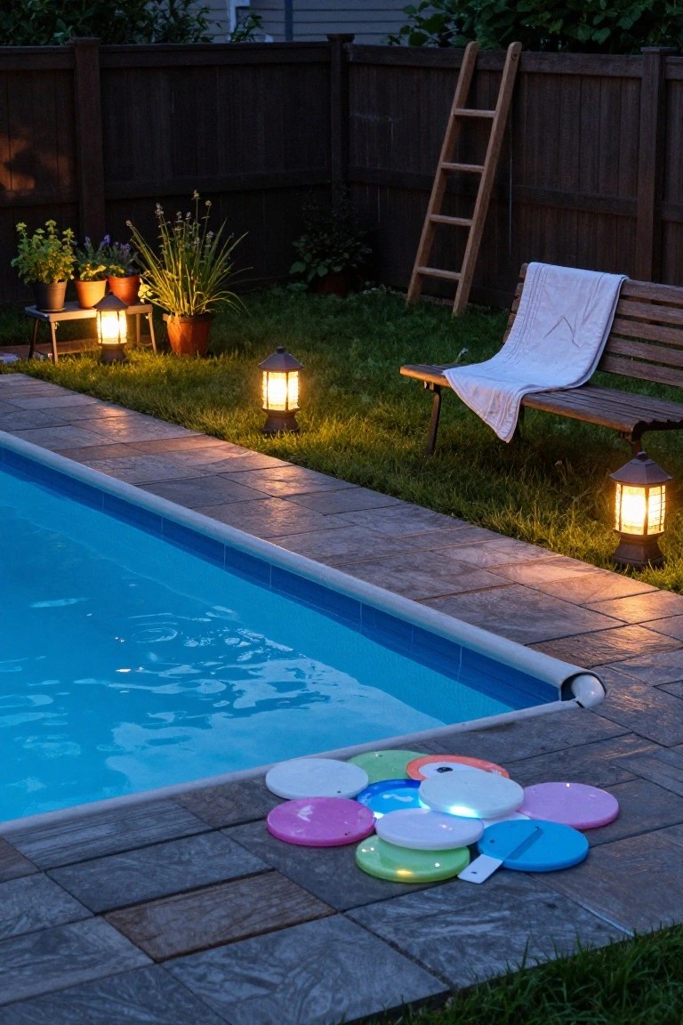 Above-ground pool at dusk with blue water, colorful glowing pool floats on the stone deck, several lit lanterns nearby, plants in pots, wooden bench with towel, and ladder against the fence.
