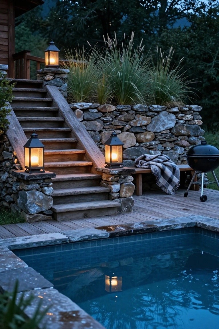 Wooden stairs with stone retaining walls lit by lanterns at dusk, leading to a deck area featuring an above-ground pool, ornamental grasses, a bench with plaid blanket, and a barbecue grill beside evergreen trees and mountains.