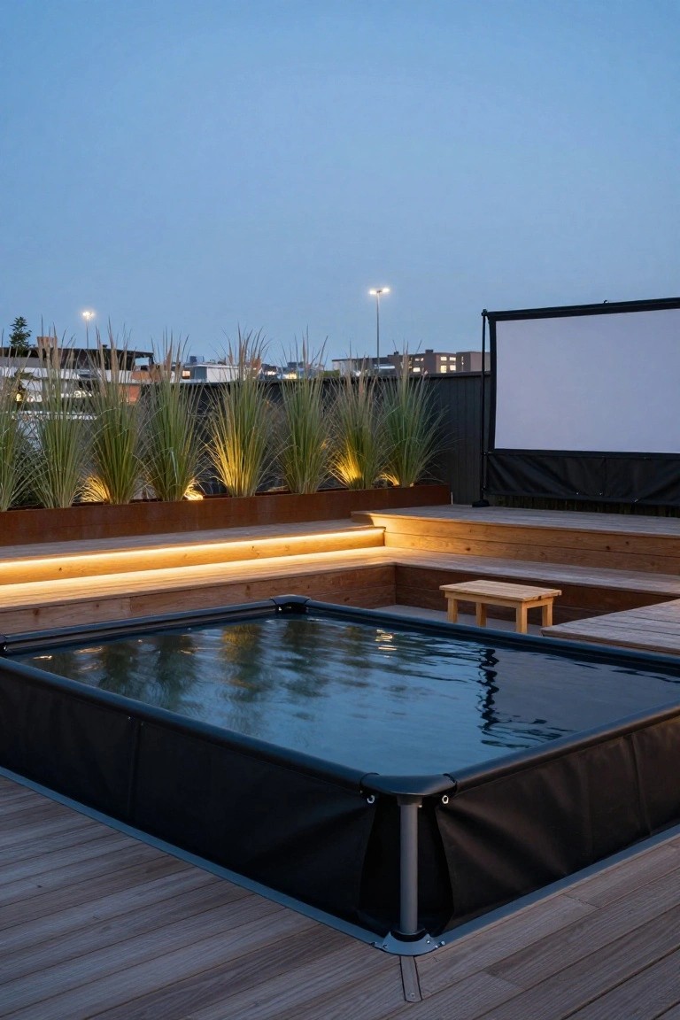 Rooftop deck with rectangular above-ground pool lit by LED strips along the wooden edges, tall grasses in metal planters, small bench, and projection screen at dusk.