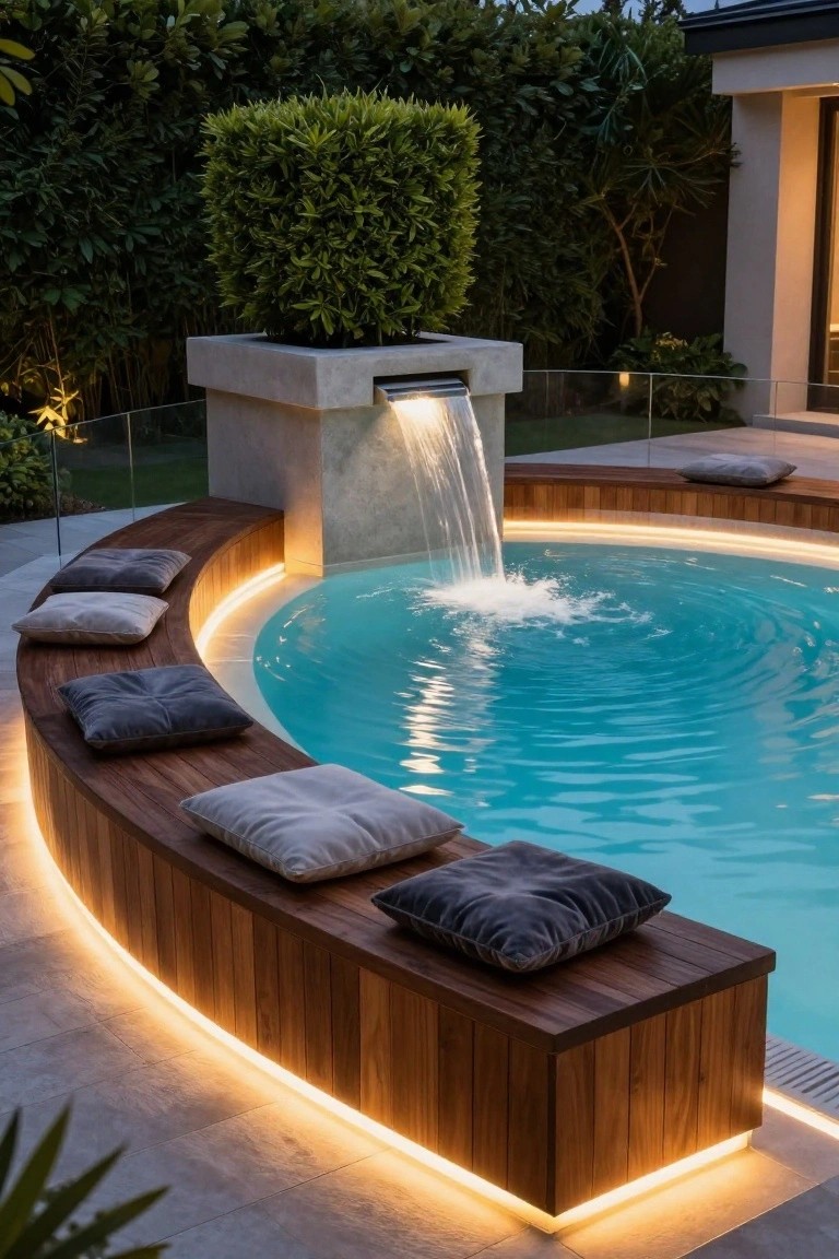 Curved wooden bench with gray cushions around a turquoise above-ground pool, warm LED strip lighting underneath the bench edges, stone waterfall feature into the pool, glass fencing, hedges, and ground lights.