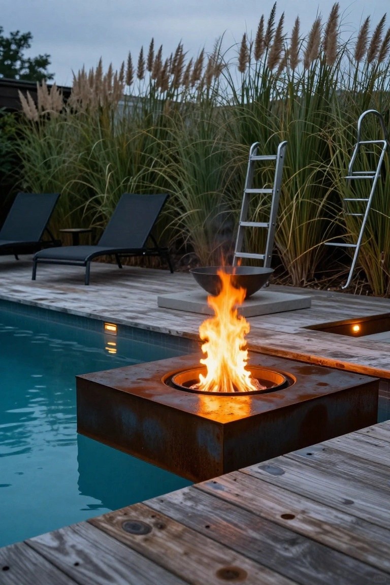Above-ground pool with turquoise water and wooden deck, square corten steel fire pit with orange flames at the pool edge, lounge chairs nearby, pampas grass backdrop, metal pool ladders, and small inset deck lights.