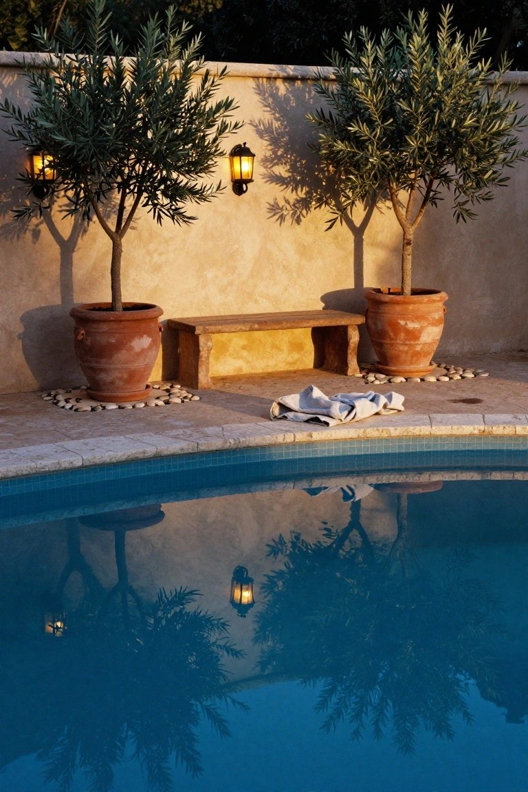 Two wall-mounted lanterns illuminate potted olive trees and a wooden bench next to a curved blue-tiled pool, with lantern reflections in the water and a towel draped on the ground nearby.