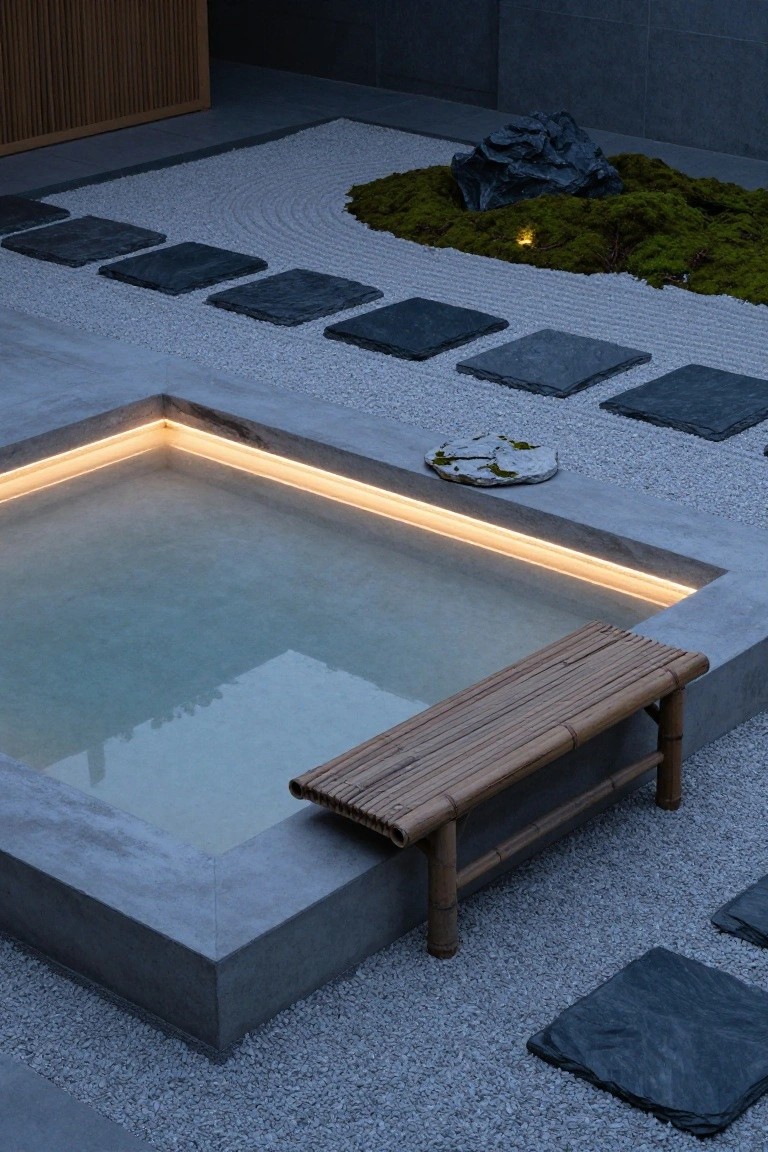 Overhead view of a rectangular above-ground pool with warm LED lighting along the concrete edges, set in a zen garden with white gravel, mossy rocks, black stepping stones, and a bamboo bench nearby.