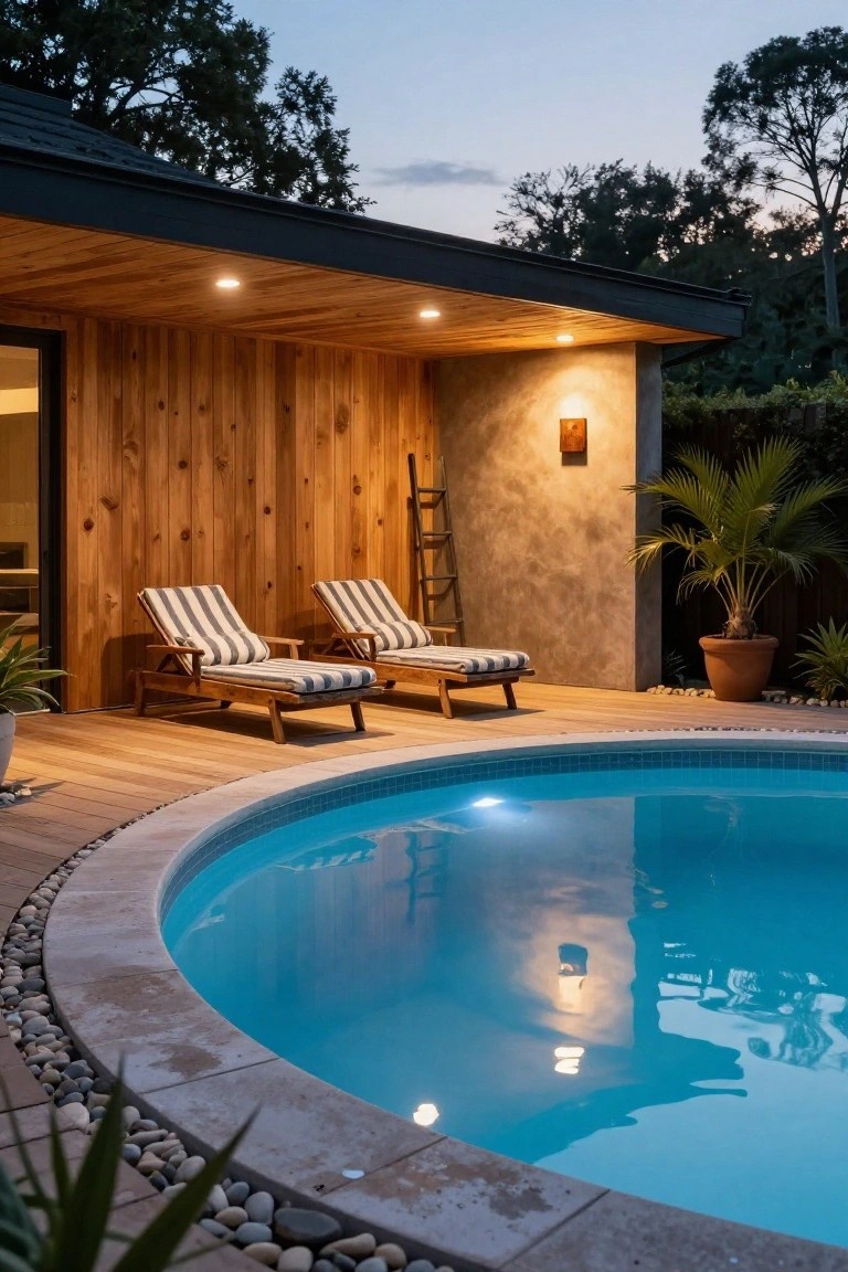 Curved turquoise above-ground pool next to a light wood deck with two striped lounge chairs under a wooden pergola featuring recessed ceiling lights and a wall sconce, surrounded by plants, pebbles, and a stucco wall at dusk.