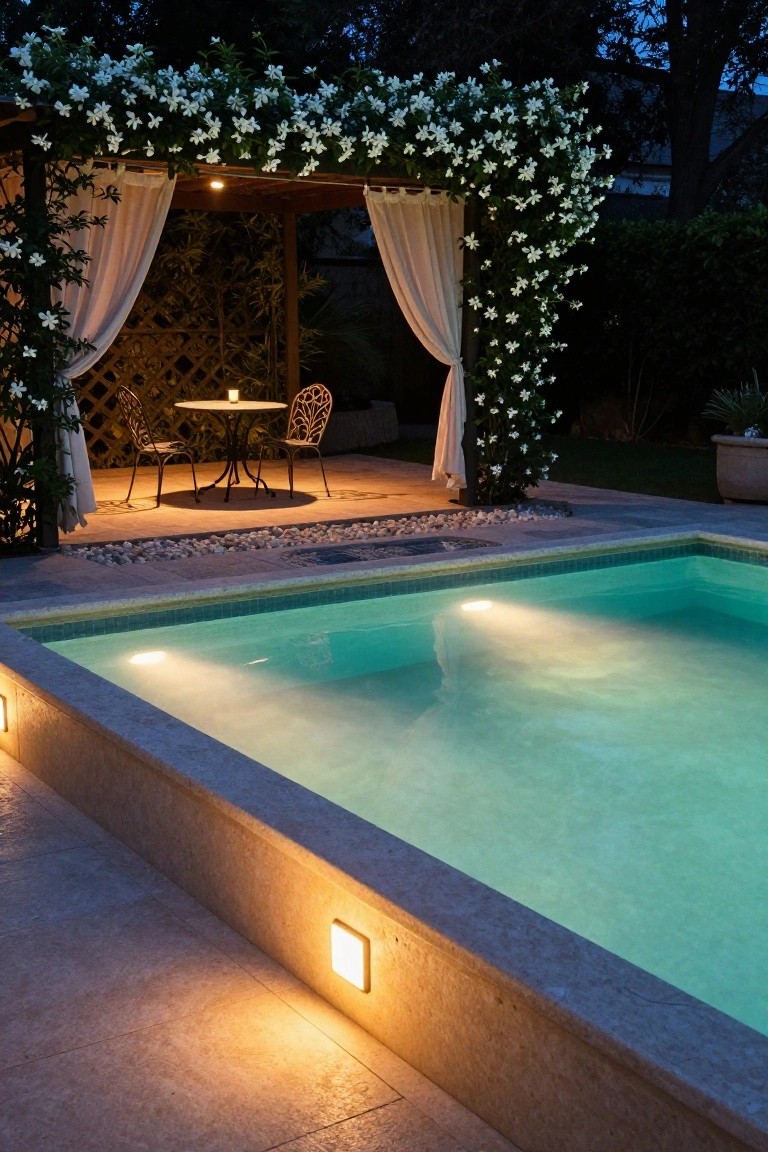 Night view of an above-ground pool with turquoise underwater lighting and yellow wall-mounted lights on the stone edge, next to a pergola with sheer curtains, white flowering vines, a small table with chairs, and garden surroundings.