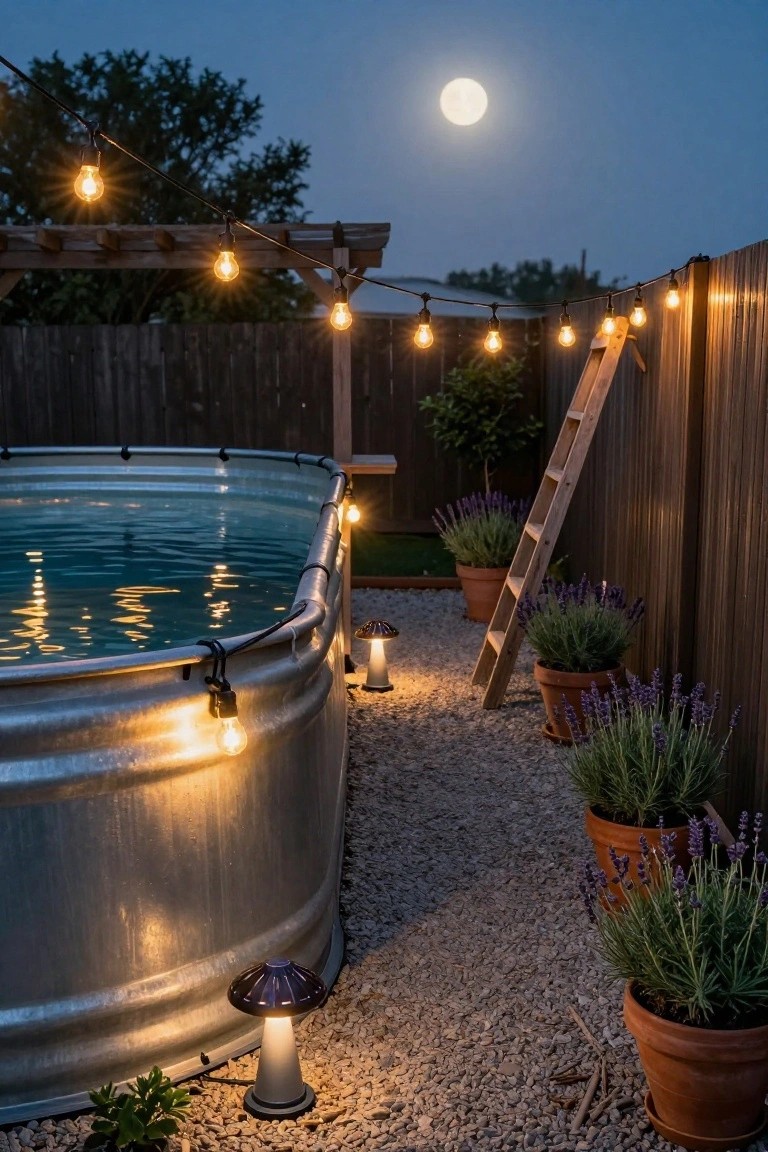Galvanized stock tank above-ground pool in a backyard at dusk, lit by string lights on a pergola and clipped to the pool rim, with solar lanterns on gravel ground, potted lavender plants, wooden ladder against fence, and full moon overhead.