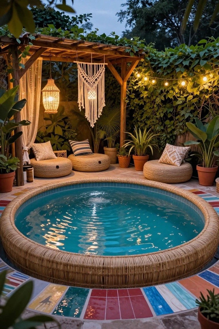 Round above-ground pool with rattan edging and blue water, surrounded by wicker seating poufs, potted plants, and a wooden pergola draped in string lights and a lit rattan lantern at dusk.