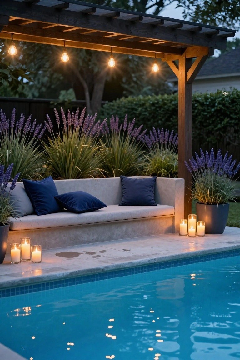 Wooden pergola with hanging Edison bulb string lights over a cushioned bench surrounded by lavender plants and potted grasses, with candles on the tiled poolside patio next to a blue pool at evening.