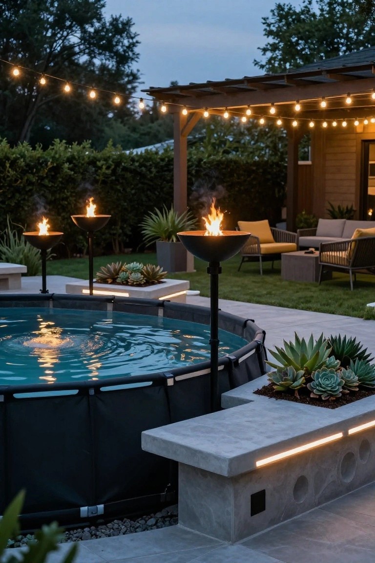 Above ground pool with black liner in a backyard at dusk, surrounded by flaming torches on stands, string lights on a pergola, yellow and gray outdoor seating, concrete benches, and potted succulents.